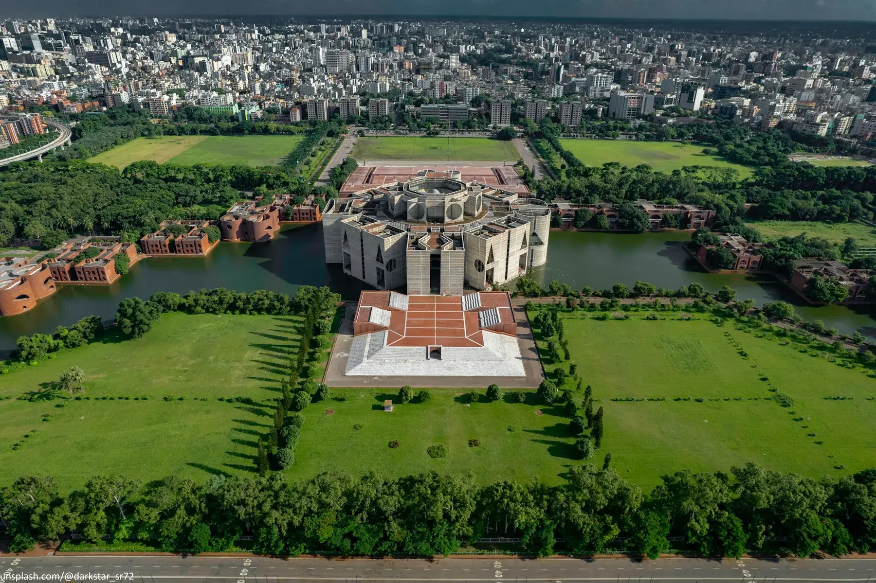 Jatiya Sangsad Bhaban and its surrounding lake seen from above
