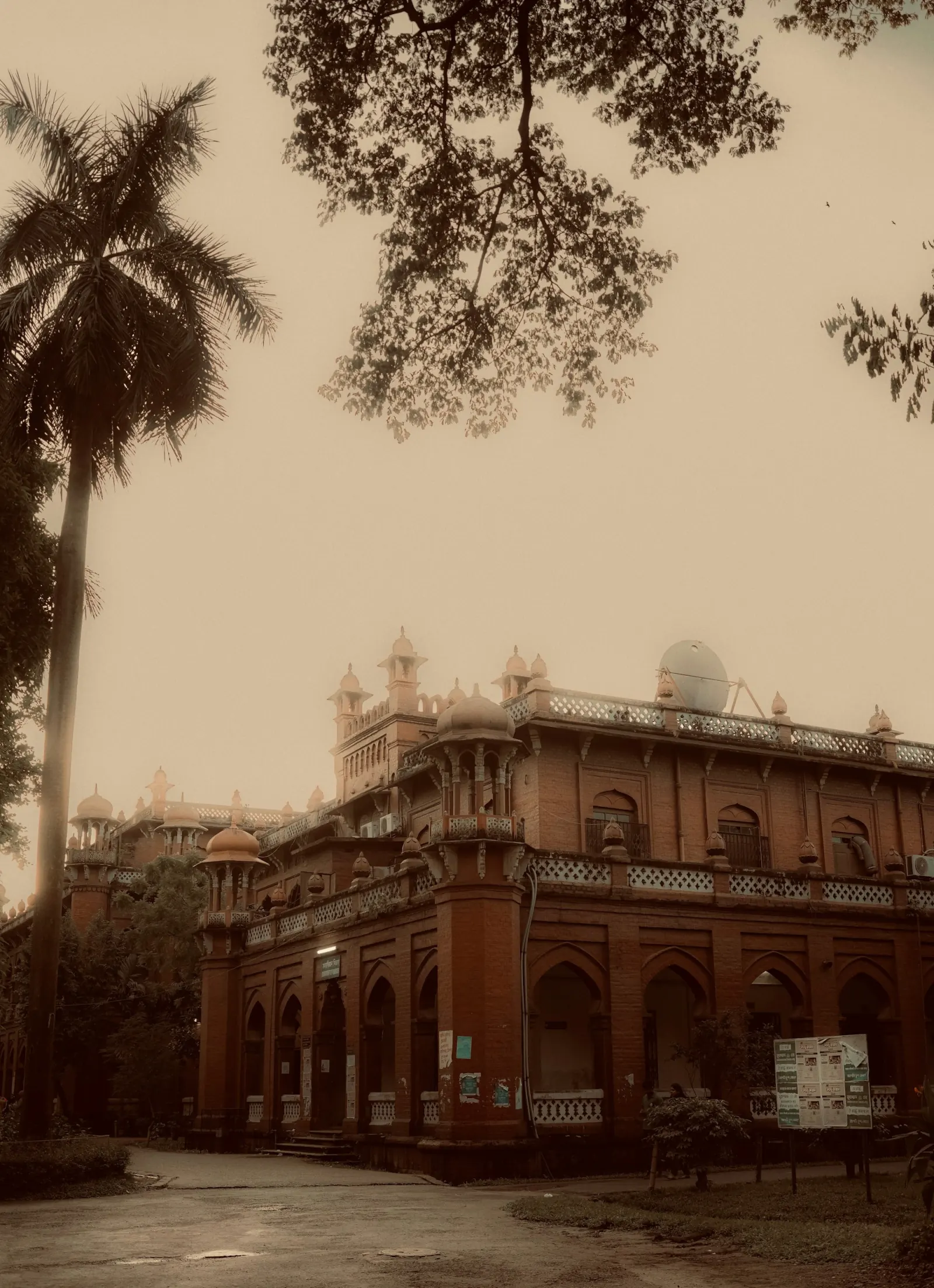 Historic brick building and palm tree in Dhaka, regional travel context for Central Shaheed Minar