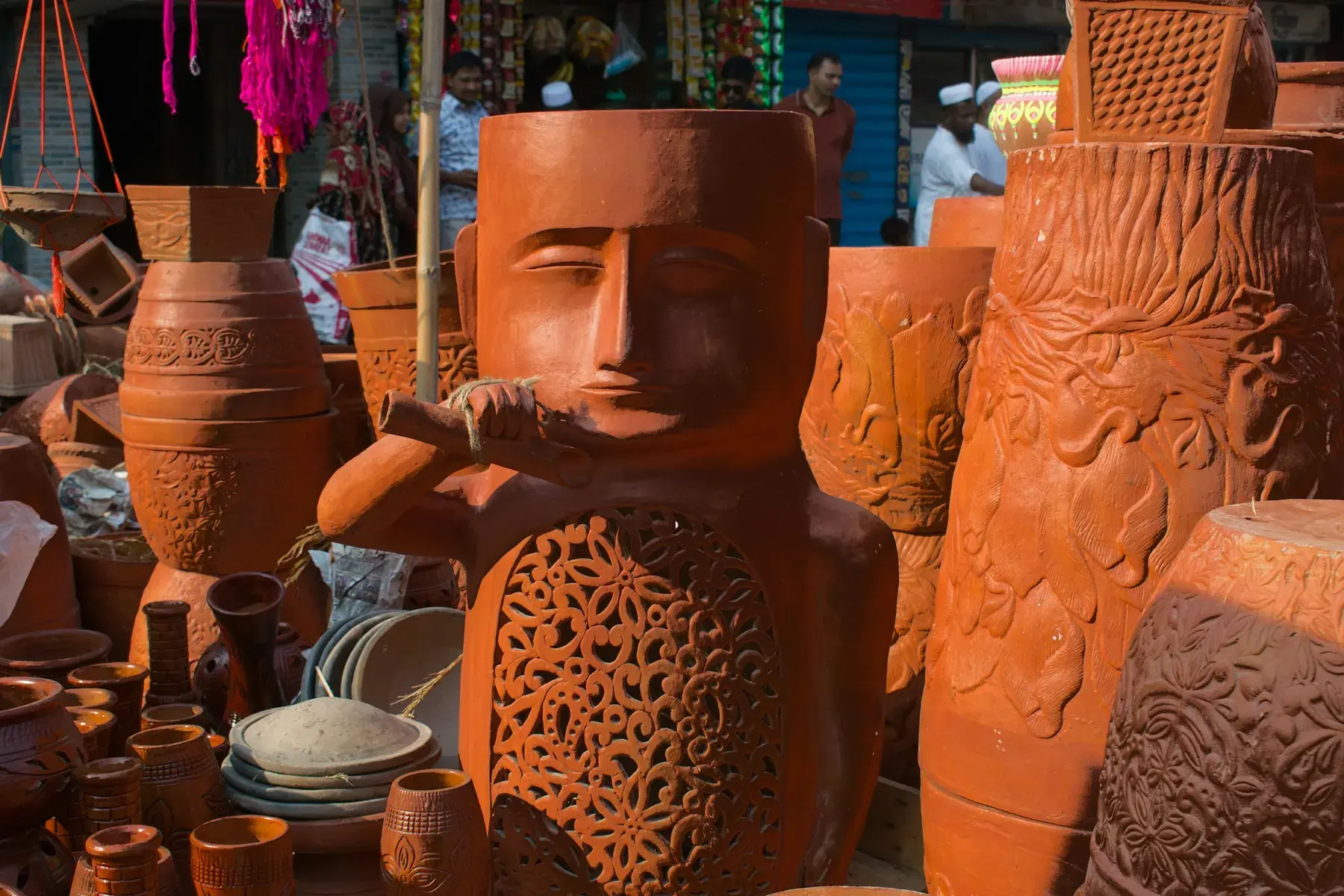 Terracotta figures displayed at a Bangladesh craft market